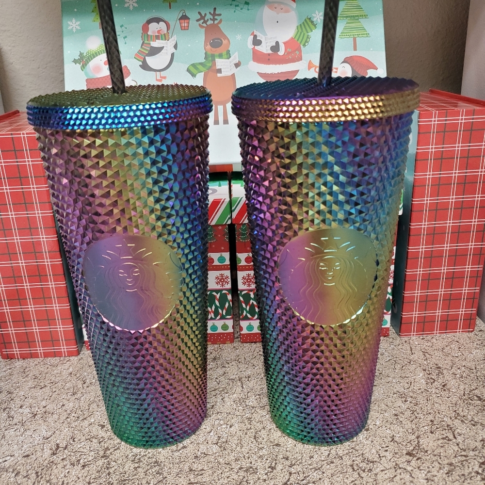 2 Starbucks Tumbler Rainbow Studded Oil Slick 24 oz New